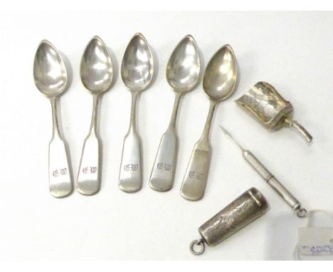 Five Russian teaspoons dated 1871 by T.WERNER, cheroot holder, toothpick and tea caddy spoon, no handle