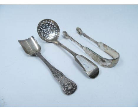 A silver sugar sifter spoon, Edinburgh 1847, silver sugar tongs, London, and a silver sugar shovel, London 1831, 134g