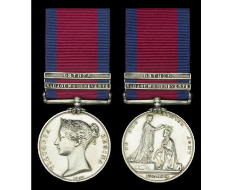 Military General Service 1793-1814, 2 clasps, Sahagun & Benevente, Orthes (R. Atkin, 7th Husrs.) small edge bruise, otherwise