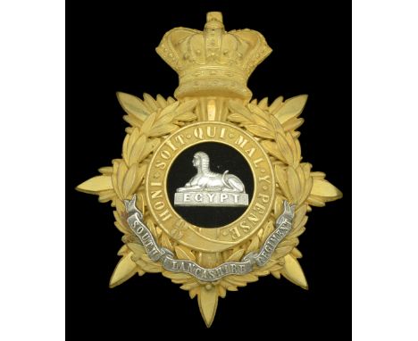 The South Lancashire Regiment Oï¬ƒcer’s Helmet Plate 1883-1901. A good example in silver and gilt, crowned star back plate wi