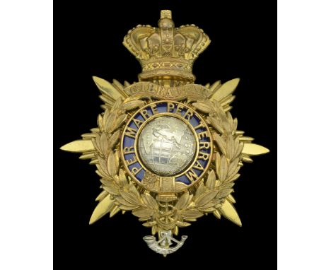 Royal Marine Light Infantry Oï¬ƒcer’s Helmet Plate 1883-1901. A silver and gilt enamel example, crowned star back plate with 