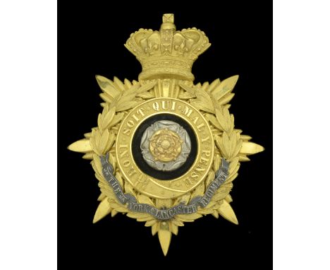 The York and Lancaster Regiment Oï¬ƒcer’s Helmet Plate 1883-1901. A good example in silver and gilt, crowned star back plate 
