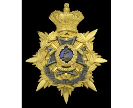 The Sherwood Foresters (Derbyshire Regiment) Oï¬ƒcer’s Helmet Plate 1883-1901. A excellent example in silver and gilt, crowne