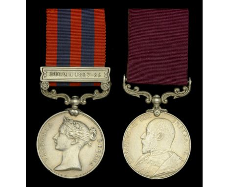 Pair: Sergeant W. Davies, Royal Munster Fusiliers  India General Service 1854-95, 1 clasp, Burma 1887-89 (1439 Pte. W. Davies
