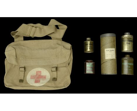 Medical Bags.  A 1937 pattern webbing Army Red Cross medical bag by Meco dated 1955, the green canvas bag painted with a red 