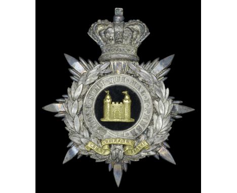 The West Suffolk Militia Officer’s Helmet Plate 1878-81. A very rare example, the plated crowned star pattern back plate with