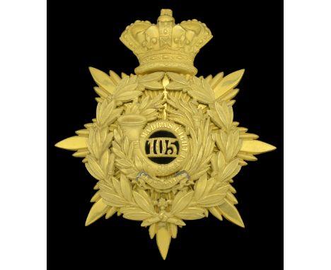 105th (Madras Light Infantry) Regiment of Foot Oï¬ƒcer’s Helmet Plate 1878-81. A good example in gilt, crowned star back plat