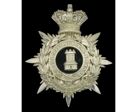 The Worcestershire Militia Oï¬ƒcer’s Helmet Plate 1878-81. A scarce example, silvered crowned star pattern back plate with la
