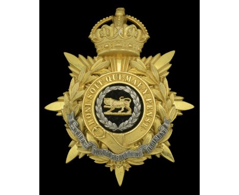 The Hampshire Regiment Oï¬ƒcer’s Helmet Plate 1901-12. A good example in silver and gilt, crowned star pattern back plate wit