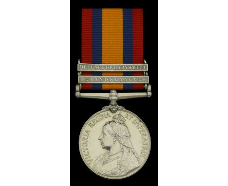 Queen’s South Africa 1899-1902, 2 clasps, Elandslaagte, Defence of Ladysmith (4386 Pte. W. Brockett, Devon: Regt.) nearly ext