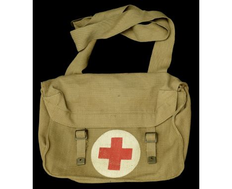 Medical Bags. A 1937 pattern webbing Army Red Cross medical bag by Meco dated 1955, the green canvas bag painted with a red c