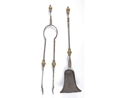 A rare pair of Charles II steel and enamelled fire tools, circa 1670To include a pair of tongs and fish-tail shovel, each wit