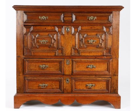 A Charles II oak chest of drawers, circa 1680 and laterThe top of two boards with applied moulded edge, over one slender and 