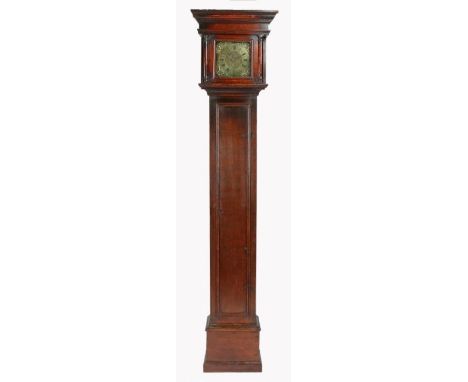 An early 18th century oak longcase thirty hour clock, Devon, circa 1720-50Having a particularly small 7.5 inch brass dial, th