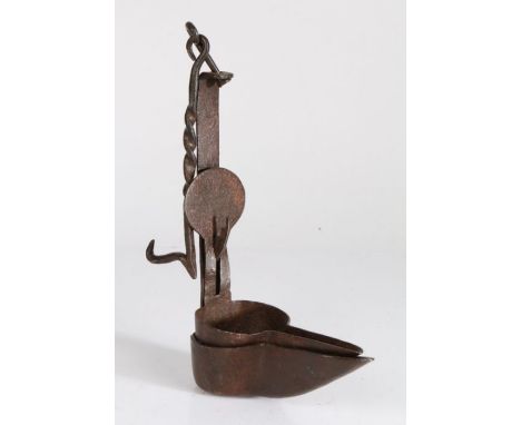A late 18th century iron cruise lampWith two reservoirs on a bracket, and twist-work hanging hook, height overall 28.5cm Prov