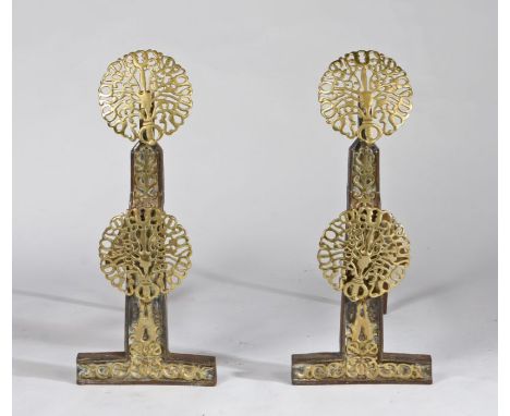 A pair of 19th century brass and iron fire-dogs or andirons

In the Charles II taste, and in the manner of Ernest Gimsom, eac