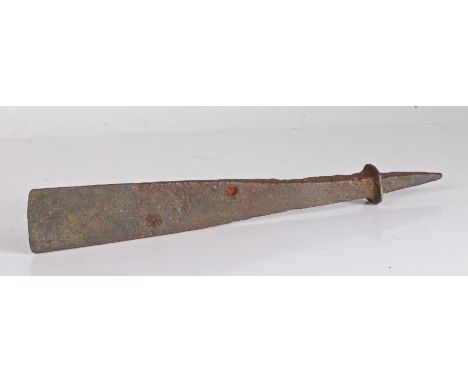 A wrought iron ‘chisel’ blade, 17th century, or possibly earlier, EnglishWith chamfered edge and maker’s mark deeply inset in