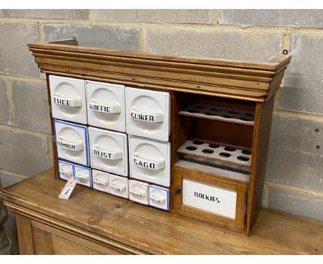 An early 20th century Dutch pine kitchen cabinet with ceramic drawers, width 75cm, depth 90cm, height 47cm