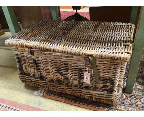 A vintage laundry hamper and a smaller basket, larger width 76cm, depth 52cm