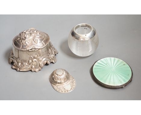 A 19th century continental white metal salt?, with hinged cover, length 93mm, a modern silver jockey cap caddy spoon, a silve