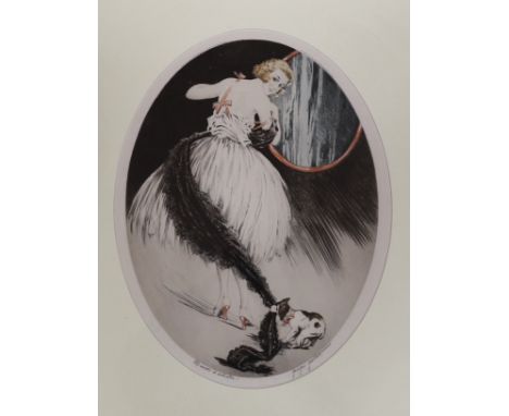 Georges Grellet (1869-1959), coloured drypoint etching, Woman dressing with puppy tugging at her feet, signed in pencil, 40 x