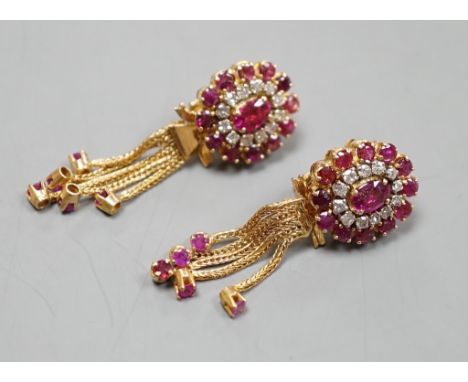 A pair of Middle Eastern yellow metal, ruby and diamond set oval cluster earrings, with detachable tassel drops, overall leng