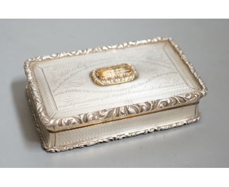 A William IV silver and citrine mounted rectangular snuff box, by Nathaniel Mills, Birmingham, 1830, with engraved inscriptio