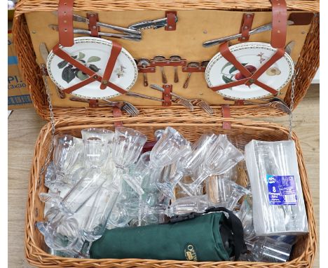 A wicker picnic hamper with assorted Glyndebourne plastic goblets, hamper 72cms wide x 39cms deep,
