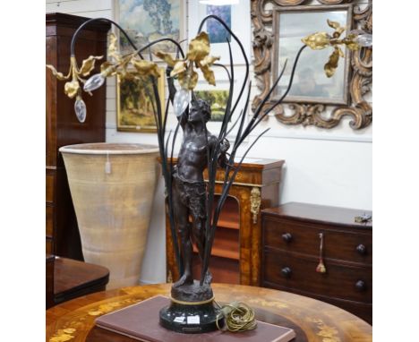 An ornate 19th century style bronze figure and iris table lamp,104 cms high,