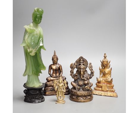 A Thai gilt resin model of Buddha, an Indian bronze model of Ganesh, a jadeite coloured carving of Guanyin and two other figu