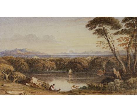 John Varley (1778-1842), watercolour, Landscape with figure seated beside a lake, signed, 12 x 21cm. Provenance: F R Meatyard