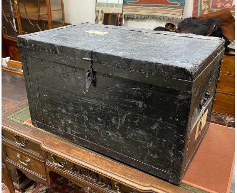 A 19th century iron bound travelling trunk, width 88cm, depth 53cm, height 53cm