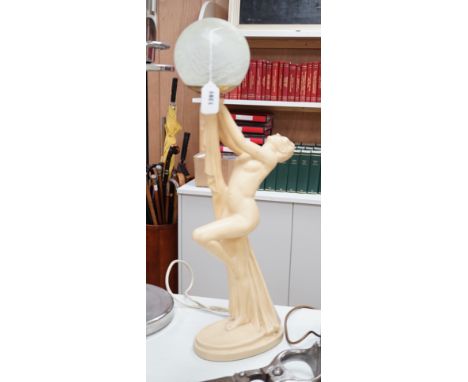 An Art Deco style painted composition table lamp with crackle glass shade, 68cm total height