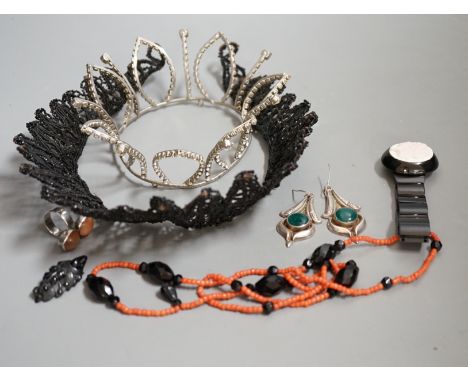 Costume jewellery including, two head ornaments, a white metal and two stone agate dress ring, pair of 925 drop earrings etc.