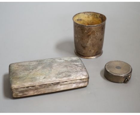 A Dutch white metal tobacco box, 11.3cm and a similar beaker (both a.f.) together with a French engine turned white metal cir