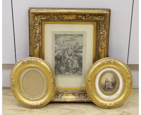 After Albrecht Durer, etching, Madonna with the monkey, 19 x 12cm, together with a pair of oval gilt gesso frames