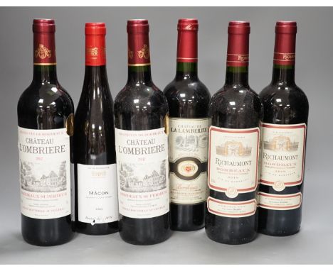 6 bottles of wine including 2 bottles of Chateau L’Ombriere 2017, 2 bottles of Richaumont Bordeaux 2018, 1 bottle of Chateau 