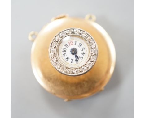 A Swiss yellow metal and rose cut diamond set manual wind lapel watch, with Arabic dial and case back engraved with monogram,