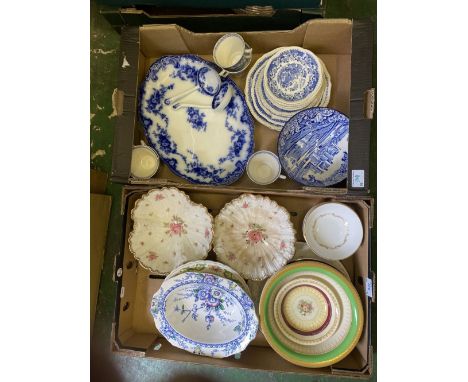 A mixed collection of blue and white ceramic items to inlclude flo blue platter, soup bowl, two tureen ladels, tea cups and s