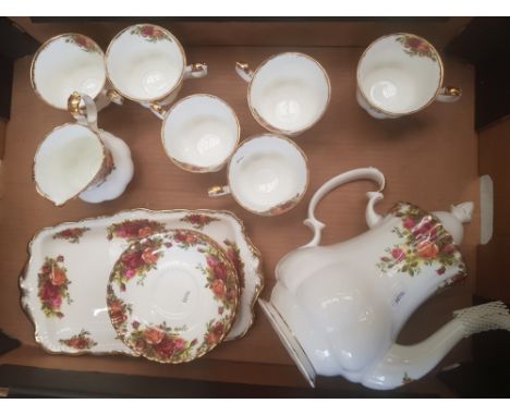 Royal Albert Old Country Roses pattern items to include coffee pot, 6 cups, 6 saucers, sandwich tray, milk jug (1 tray). 