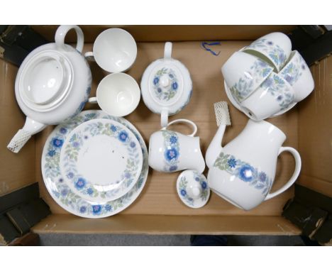 Wedgwood Clementine pattern tea and coffe ware items to include teapot, coffee pot, lidded sugar, milk jug, two teacups, four