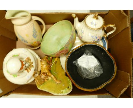 A mixed collection of items to include Royal Doulton Bunnykins Jester name stand (ltd. to 1,000), Wade biscuit barrel, Beswic