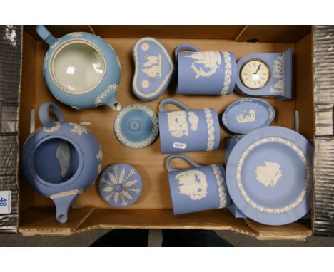 A collection of Wedgwood Blue Jasper Ware to include Teapot, Mantle Clock, Tankards, lidded boxetc (light blue teapot damaged