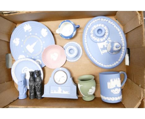 A mixed collection of Wedgwood Jasperware to include tankards, mantle clock, Chess pieces, pink pin dish, green small pot etc