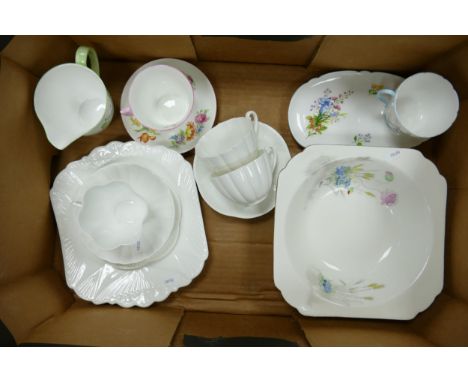 Shelley Wild Flowers decorated breakfast set, similar floral , Dainty White Cups &amp; Saucers, open veg bowl etc 