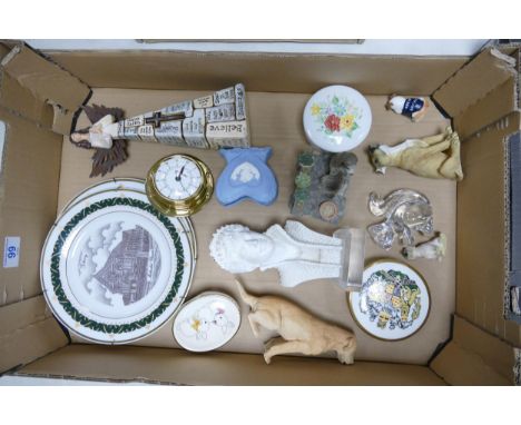 A mixed collection of items to include decorative ornaments, Diana bust, brass wall clock etc 