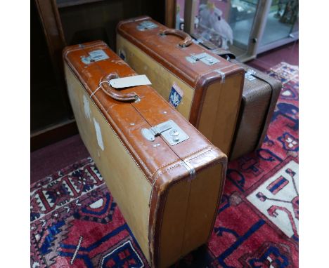 Two part leather vintage suitcases and a faux crocodile skin case. 