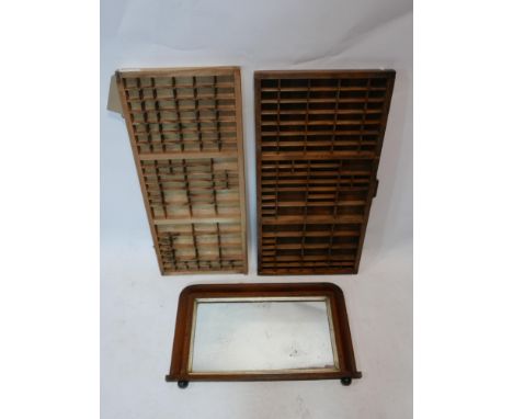 Two compartmentalised trays 81cm x 42cm (largest), together with an early 20th century mahogany mantel mirror, 39cm x 70cm 