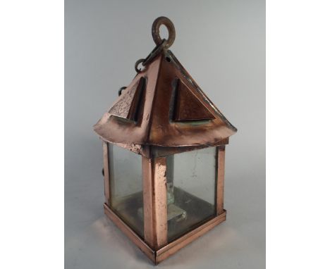 An Early 20th Century Copper Arts and Crafts Hall Lantern with Four Glazed Sides. 15x15x25cm 
