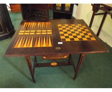 A Late Victorian Inlaid Rosewood Games Table with Lift and Twist Top to Chequerboard, Backgammon Board and Cribbage Scorer, S